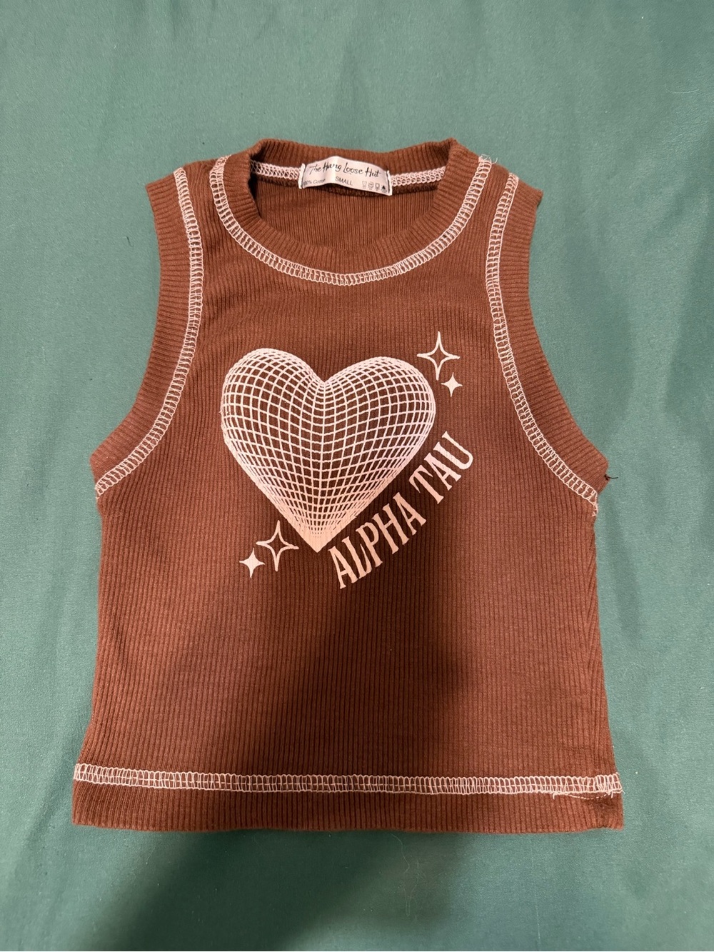 Brown Ribbed Graphic Crop Tank Top with White Heart Print